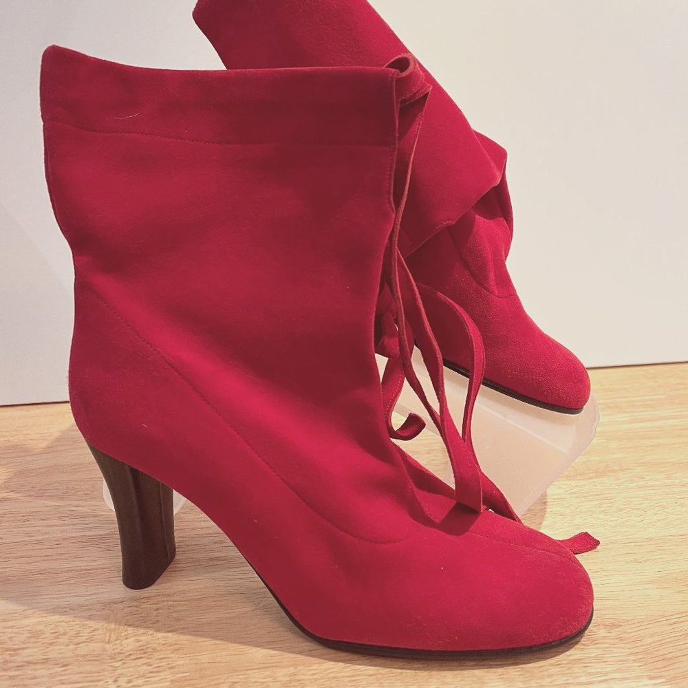Charles Jourdan Paris lipstick red suede leather tie boots with black heel 5